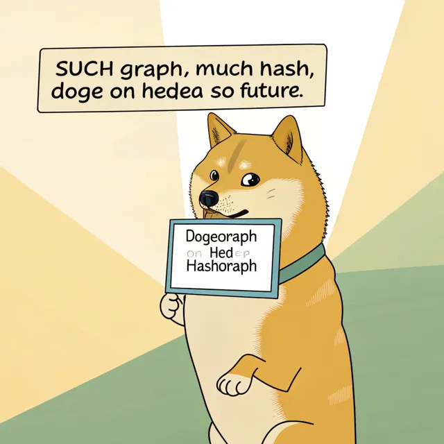 Doge holding a sign reading "Dogegraph on Hedera Hashgraph" with caption: SUCH graph, much hash, doge on hedera so future.