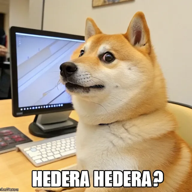 Confused doge staring at a computer screen with the caption "HEDERA HEDERA?"