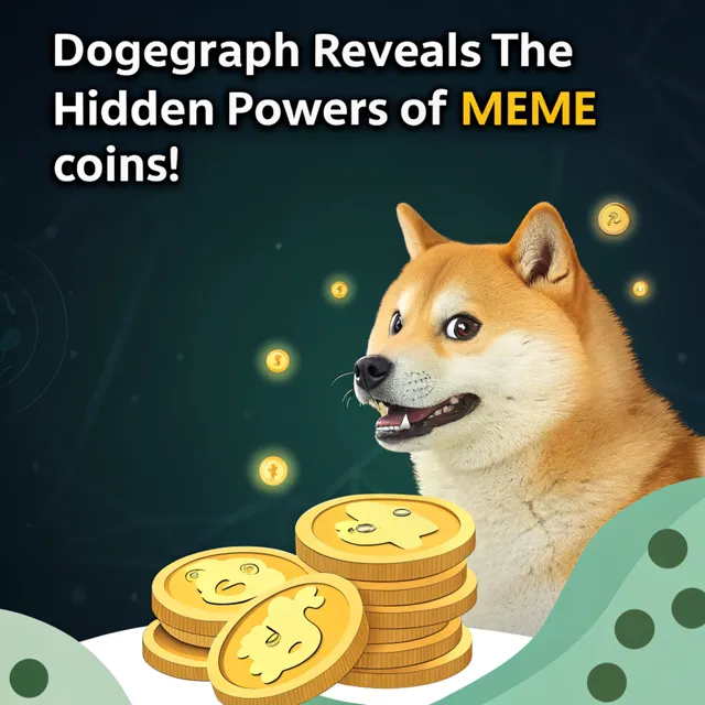 Excited doge next to a stack of golden coins: "Dogegraph Reveals The Hidden Powers of MEME coins!"
