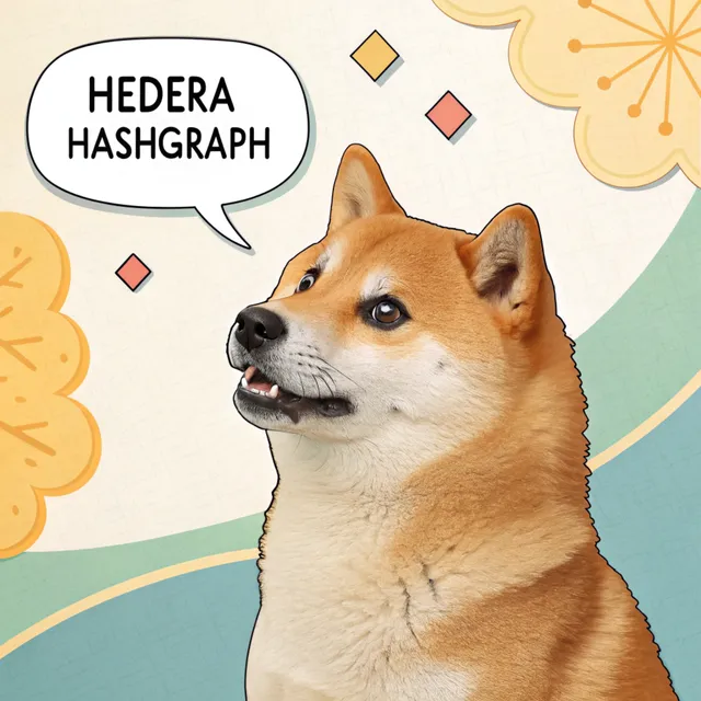 Doge with a speech bubble saying "HEDERA HASHGRAPH" surrounded by festive shapes.